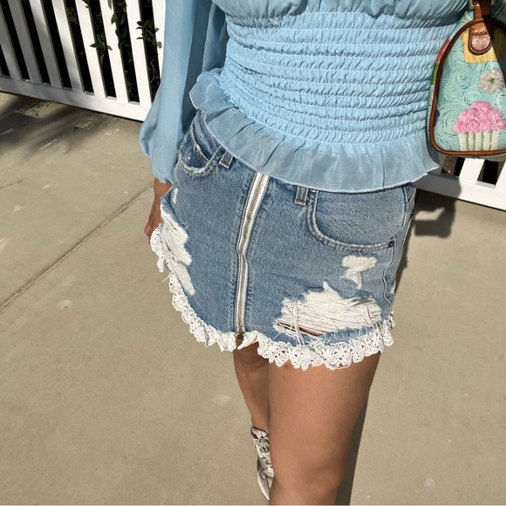 LF crochet distressed denim skirt